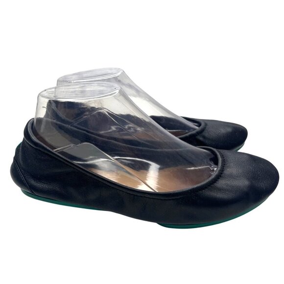 Tieks by Gavrieli Women's Size 8 Black Pebbled Leather Ballet Flats Teal Accents - Picture 2 of 12